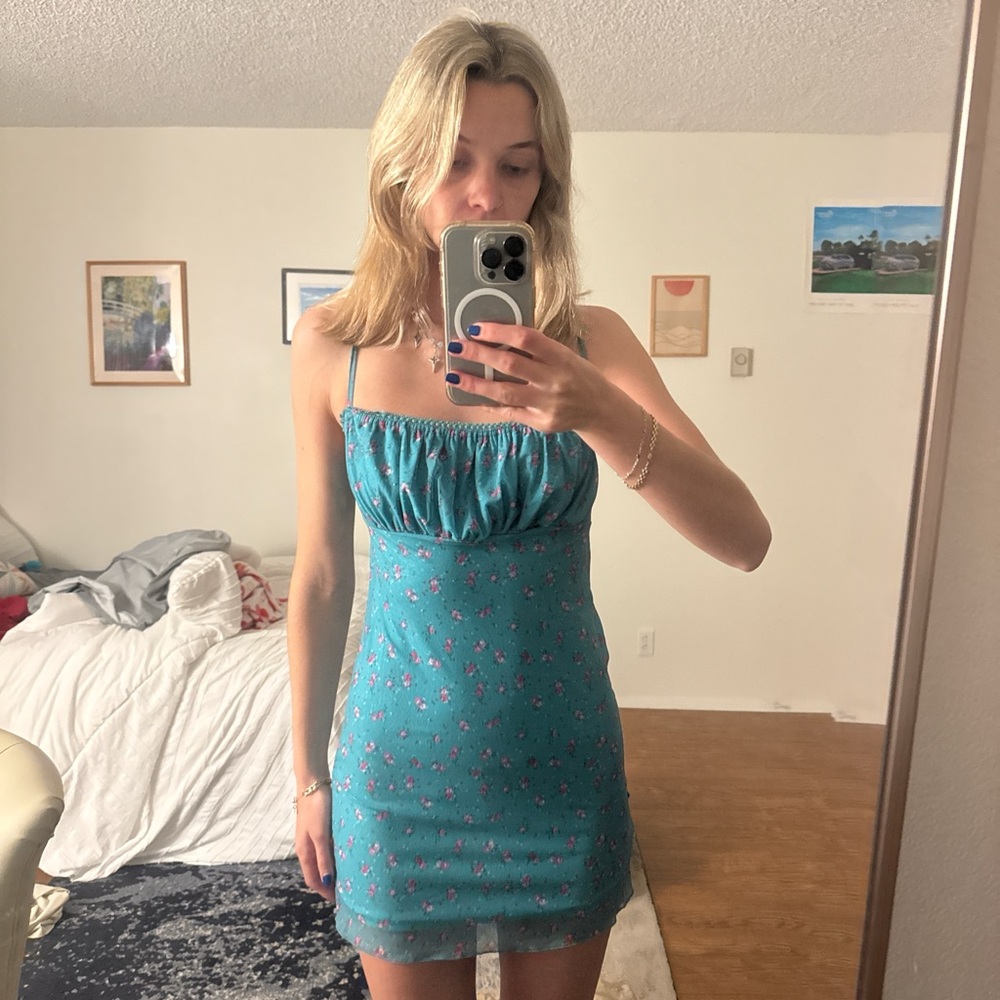Princess Polly Teal Floral Spaghetti Strap Mini Dress